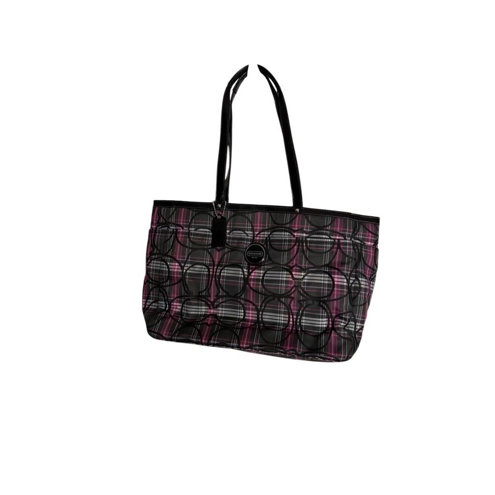 Coach Womens Signature C Poppy Plaid Tartan Glitter Shoulder Tote Bag Black Pink